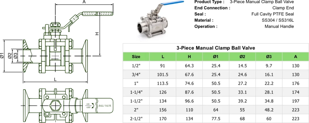 Dimensional Specification Sanitary Ball Valve 3PC