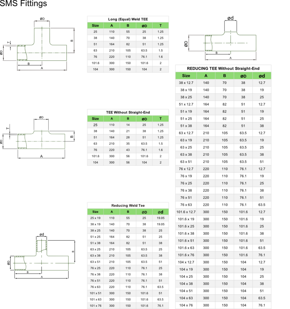 SMS Tees Dimensional Drawing with Specification Table